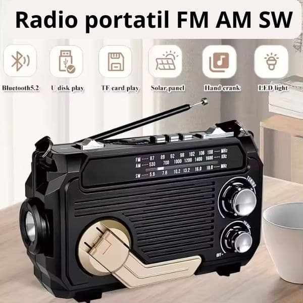 Radio portatil con panel solar | Sincroniza bandas AM/FM/SW