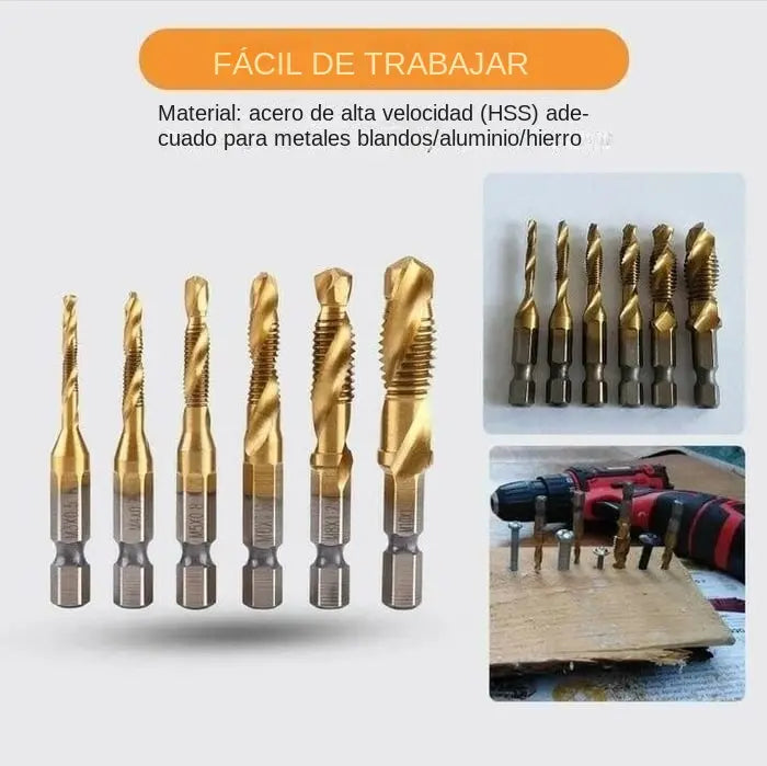 Juego de 6 brocas de titanio con machuelo para roscas