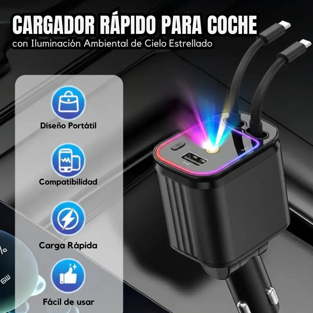 Cargador retractil 4 en 1 con iluminación led para carro 🚗 | Carga rápida, moderna y práctica ⚡