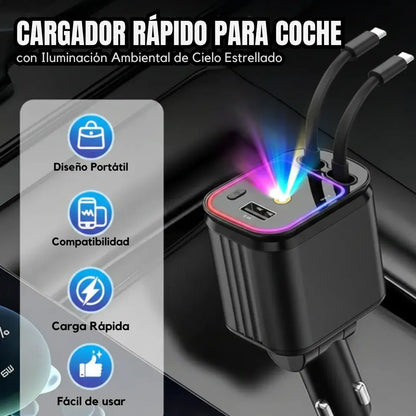 Cargador retractil 4 en 1 con iluminación led para carro 🚗 | Carga rápida, moderna y práctica ⚡