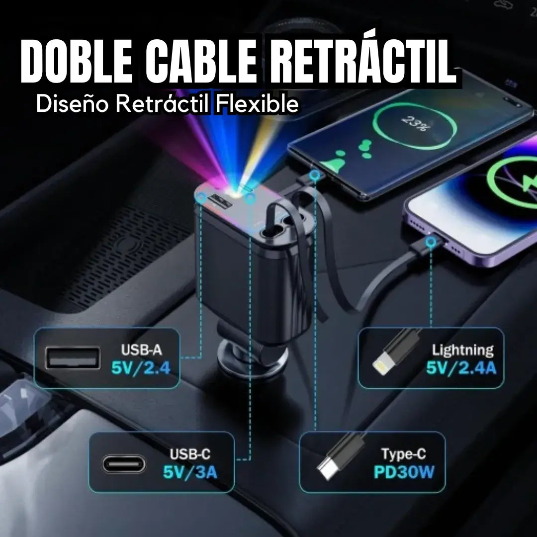 Cargador retractil 4 en 1 con iluminación led para carro 🚗 | Carga rápida, moderna y práctica ⚡